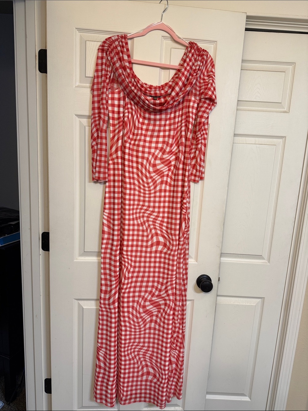 AFRM Red and White Gingham Cowl-Neck Maxi Dress